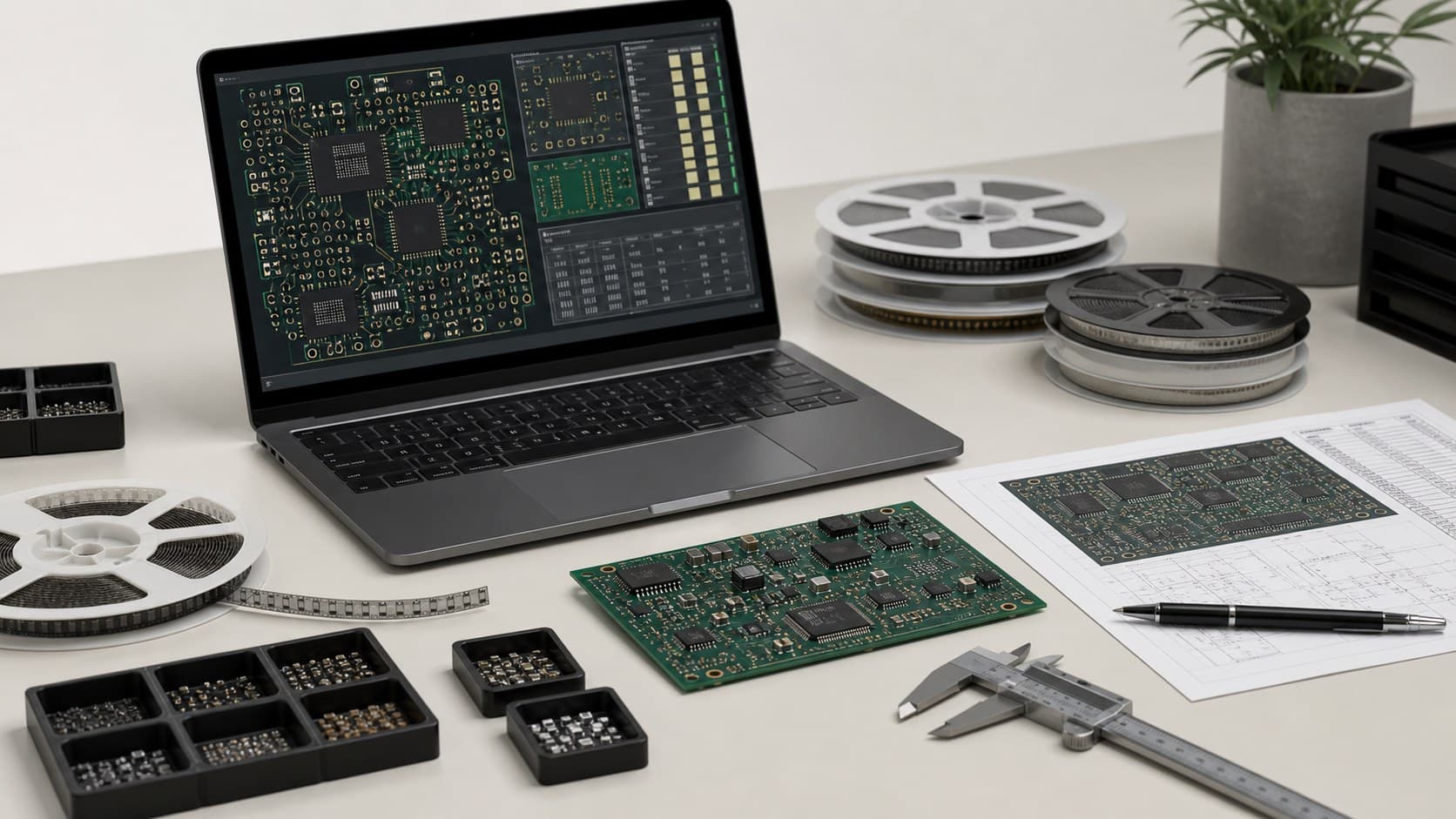 PCB files, component reels, and engineering tools prepared for Gerber and BOM review