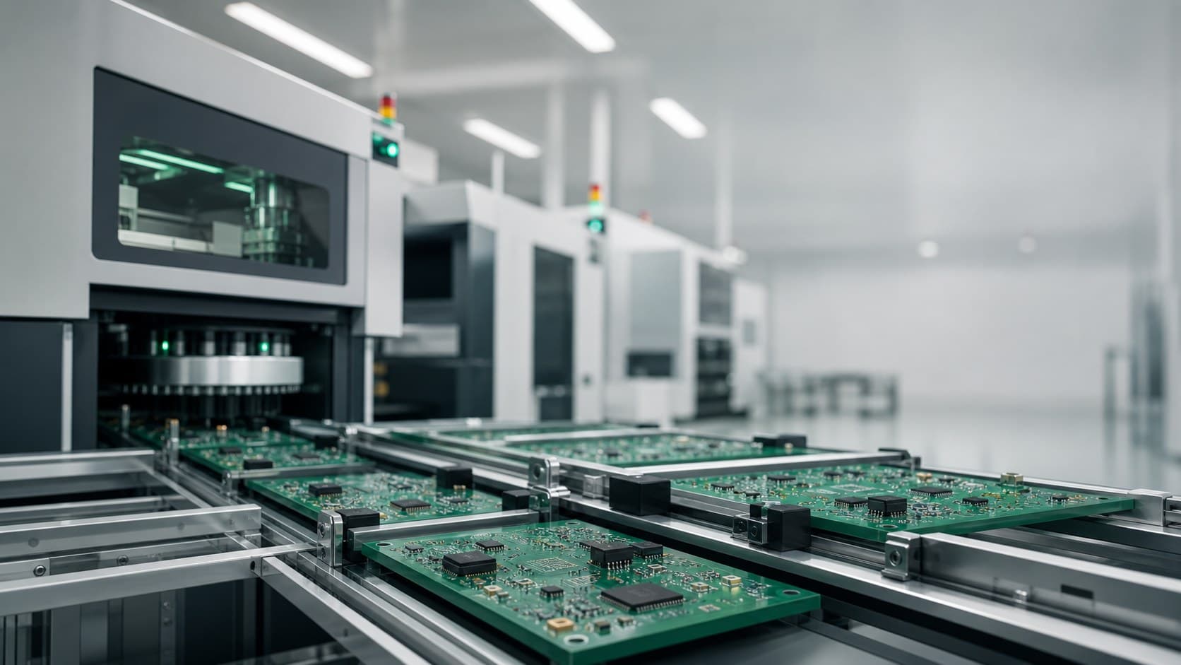 SMT assembly line with PCB boards moving through production and inspection equipment