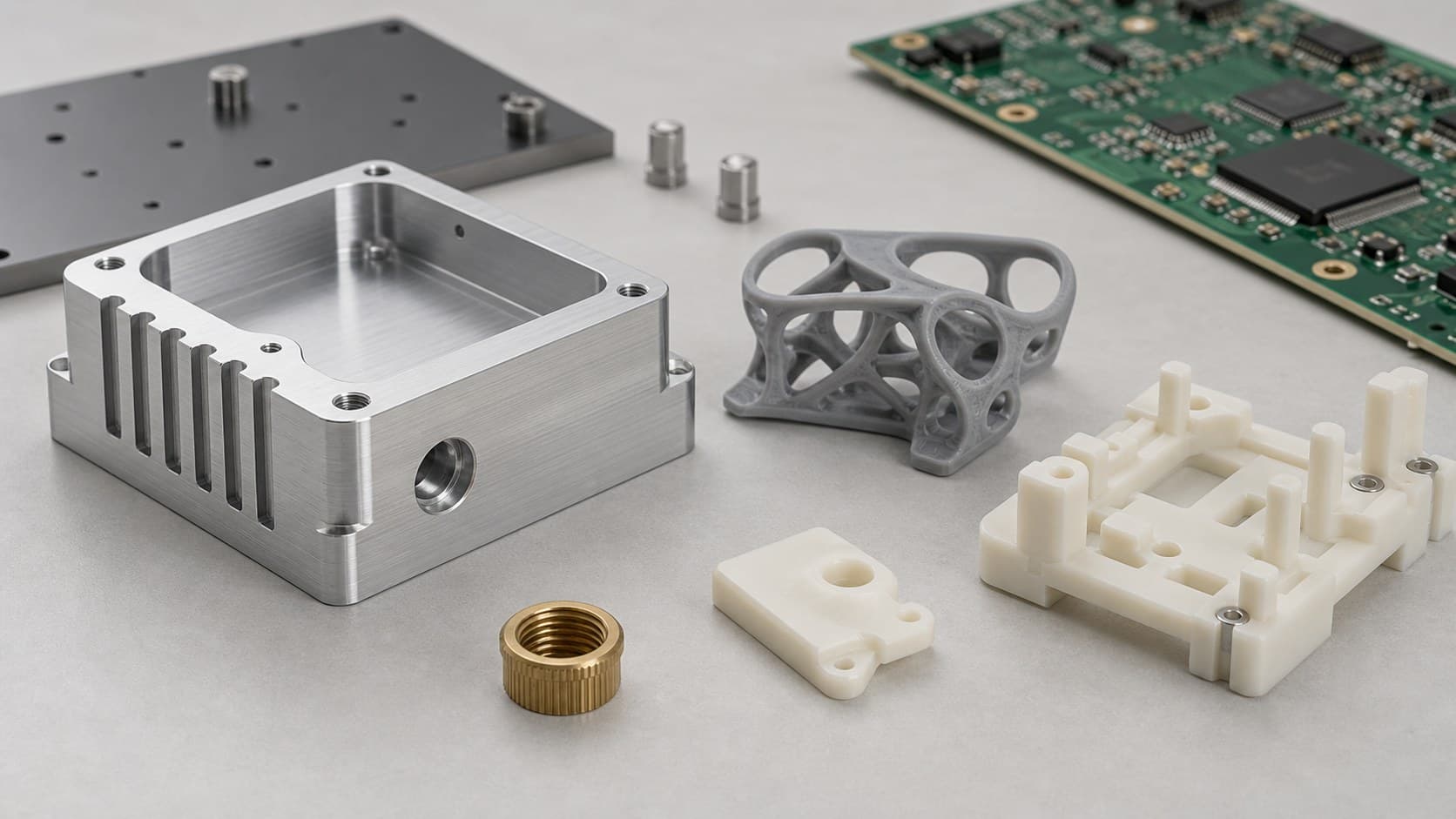Mechanical support material samples including machined aluminum, resin prototype, and PCB components